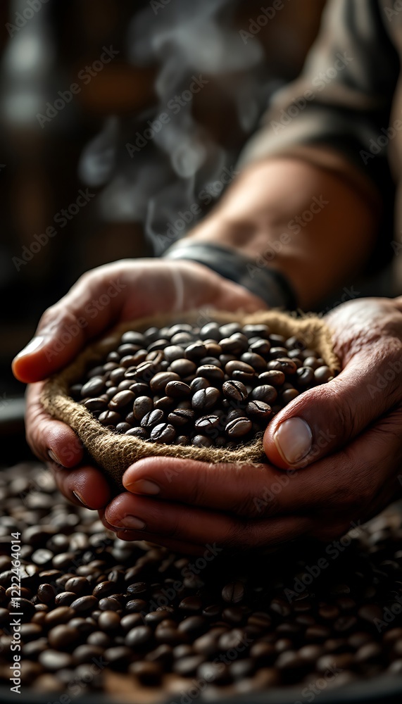 Roasted Coffee Beans Held In Hands Dark Burlap Sack Warm Aroma Roasted Coffee Beans Held In Hands Dark Burlap Sack Warm Aroma