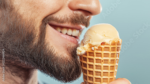 Ein lächelnder bärtiger Mann beißt genussvoll in eine knusprige Eiswaffel. Die Nahaufnahme fängt den authentischen Moment der Freude ein und vermittelt pure Lebensfreude beim Eisgenuss photo