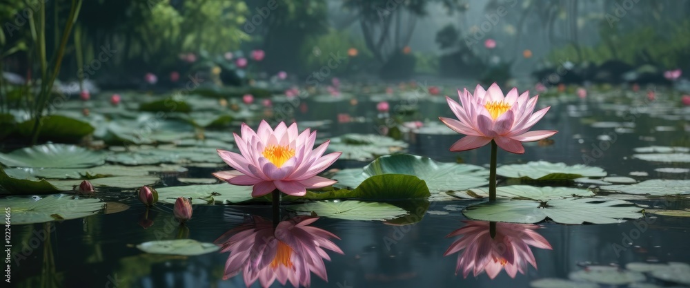 lotus flowers and water lilies in a serene pond, lily, lotus, serene lotus flowers and water lilies in a serene pond, lily, lotus, serene