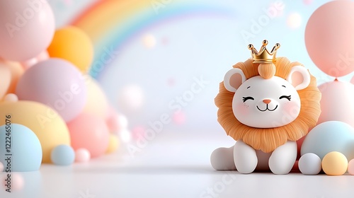 Adorable Fluffy Lion Cub with Crown and Pastel Rainbow Balloons