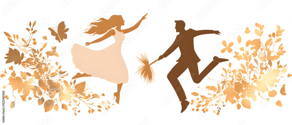 Obraz premium Playful and romantic wedding couple illustrations concept and wedding accessories in hand-drawn.