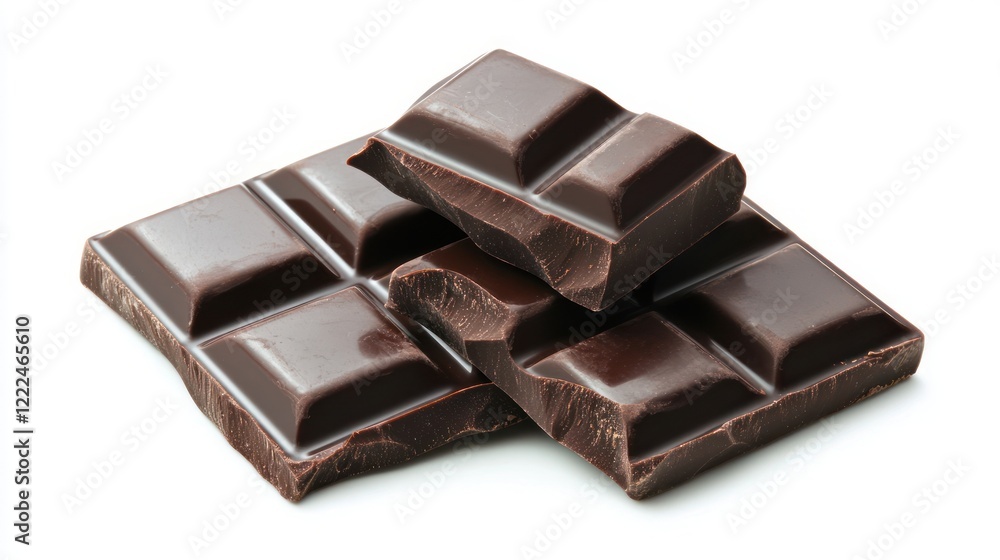 Dark Chocolate Bars Stacked with Broken Pieces on White Surface Dark Chocolate Bars Stacked with Broken Pieces on White Surface