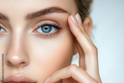 Closeup Of A Young Woman Pointing To Wrinkles On Her Upper Eyelid, Focusing On Blepharoplasty.