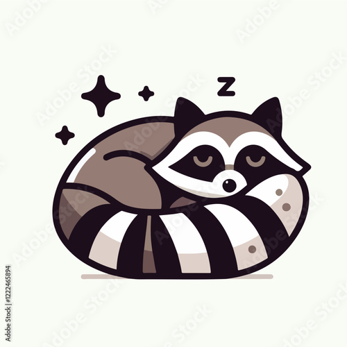 Sweet Dreams Raccoon: An adorable cartoon raccoon curled up in a ball, fast asleep on a striped pillow.  Stars twinkle around it, evoking a sense of peace and tranquility. 