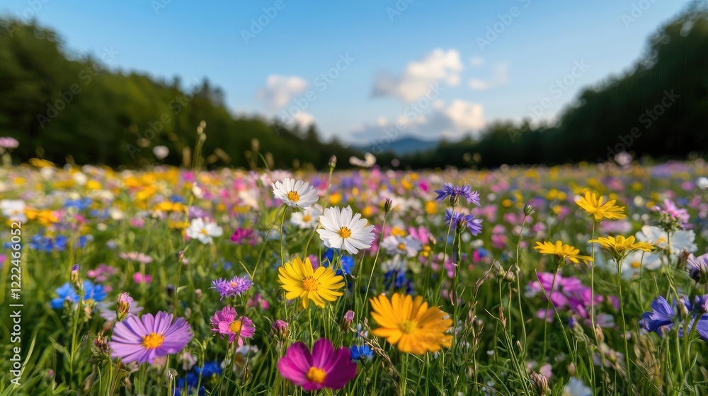 Colorful wildflowers bloom in a mountain meadow under a blue sky. Perfect for nature or travel promotions Colorful wildflowers bloom in a mountain meadow under a blue sky. Perfect for nature or travel promotions