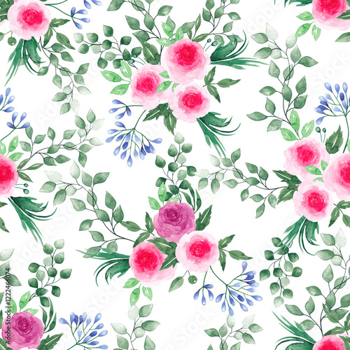 Seamless pattern of flowers and leaves. Watercolor illustration.