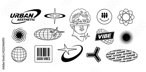 Trendy Y2k rave logo elements set for graphic design and prints on apparel. Geometric brutal shapes, retro 90s - 2000s graphic elements. Stars, shapes, global symbols in y2k style vector collection