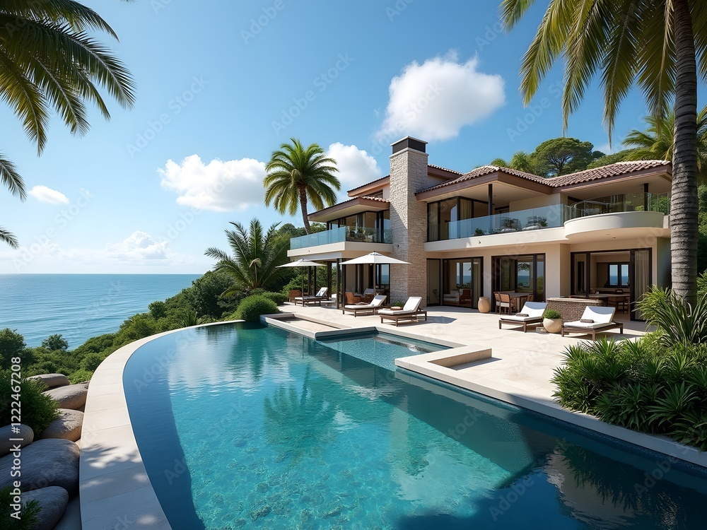 Fototapeta premium Luxury Oceanview Villa Infinity Pool Tropical Paradise