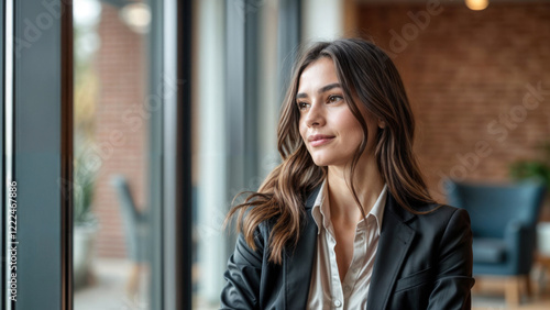 Confident Businesswoman Looking Through Office Window in Modern Workspace