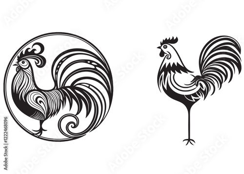 rooster logo vector silhouette, poultry farms rooster logo vector, silhouette of rooster, rooster icon logo vector, cockerel logo, chicken black icon on white background.