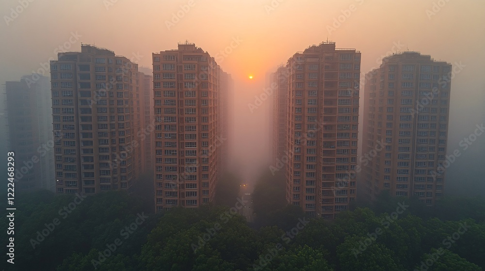 Fototapeta premium Foggy Sunrise Over Urban Buildings Surrounded by Dense Fog