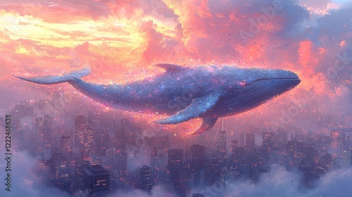 A surreal illustration of a whale flying through the sky, with city buildings floating in its wake, representing dreams and imagination, with soft gradients of blues, purples, and pinks photo