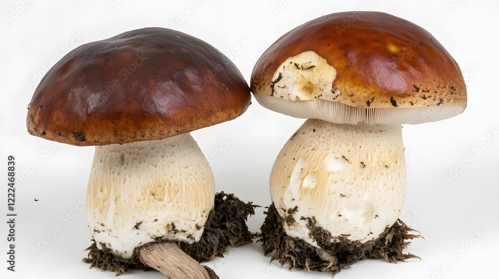 Two Brown Cap Mushrooms Closeup Studio Shot Two Brown Cap Mushrooms Closeup Studio Shot