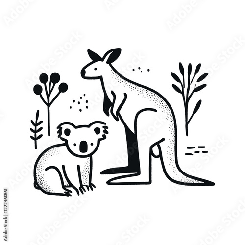 Hand-drawn monochrome kangaroo and koala vector illustration