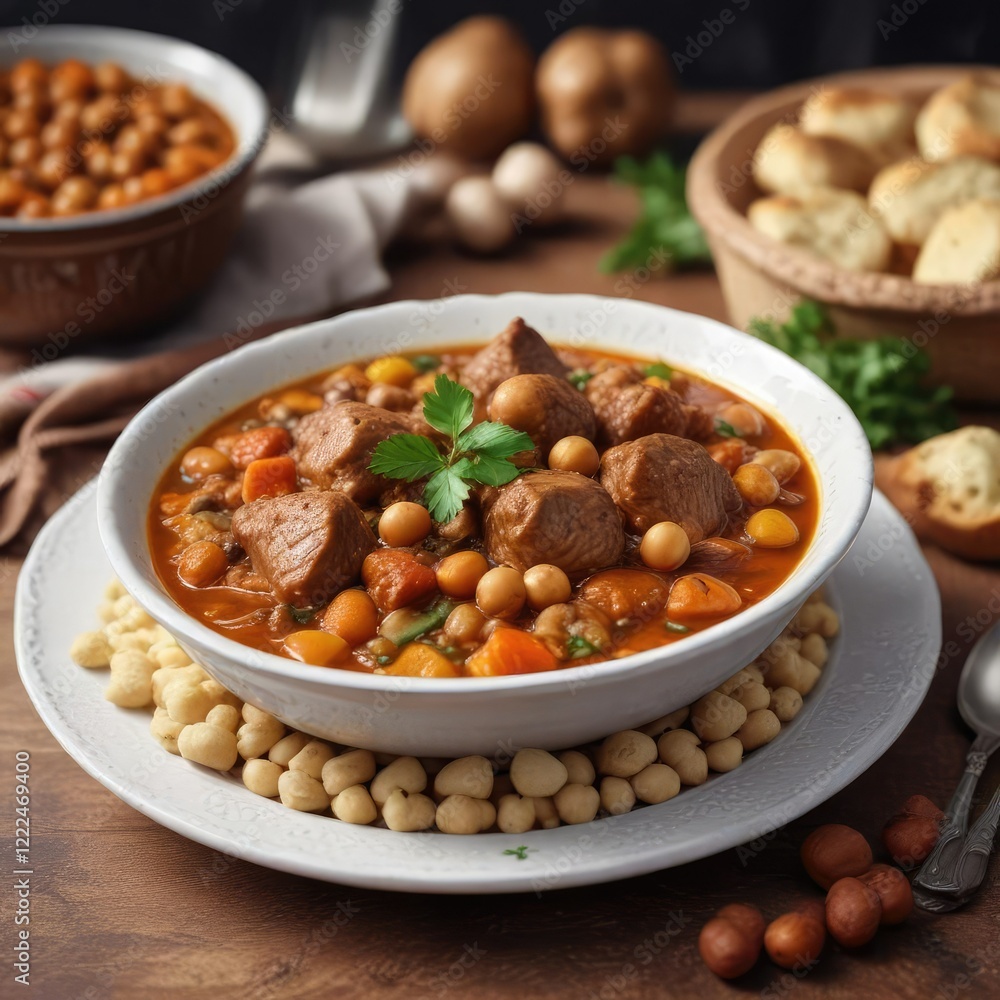 Hearty Algerian frik stew made with lamb and chickpeas, savory dish, family cuisine Hearty Algerian frik stew made with lamb and chickpeas, savory dish, family cuisine