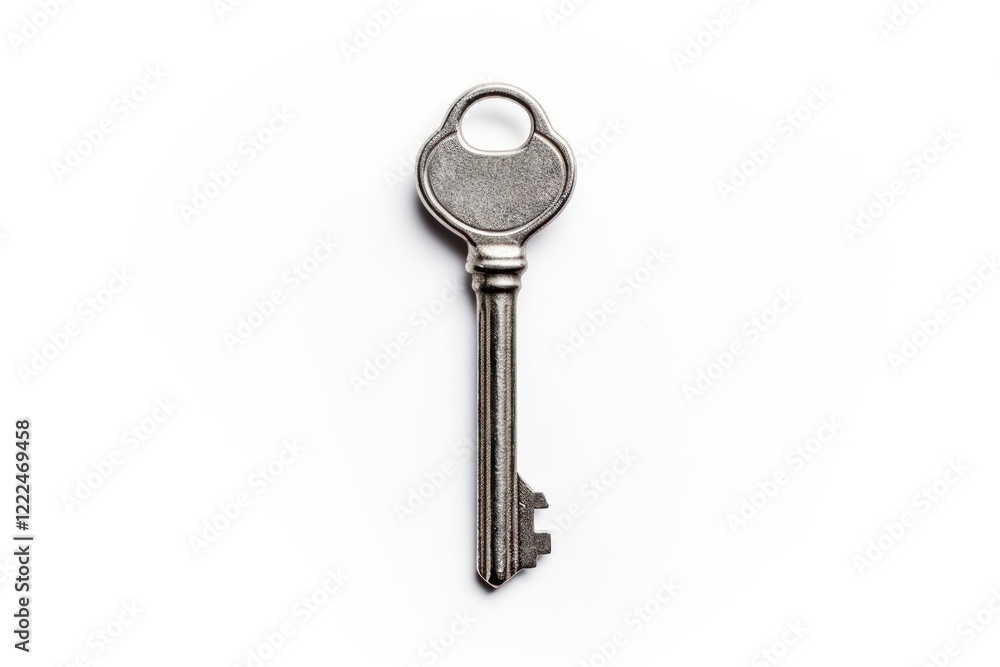 Silver house key white background protection keychain. Silver house key white background protection keychain.