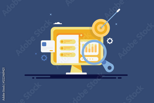 Target keyword research and website ranking data analytics, Website SEO optimization e-business marketing concept, vector illustration.