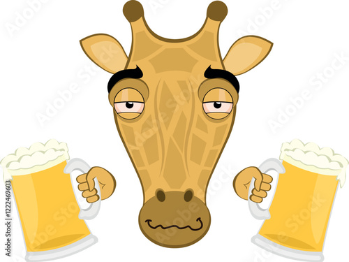 vector illustration emoji face giraffe character cartoon, drunk with beers glasses in his hands