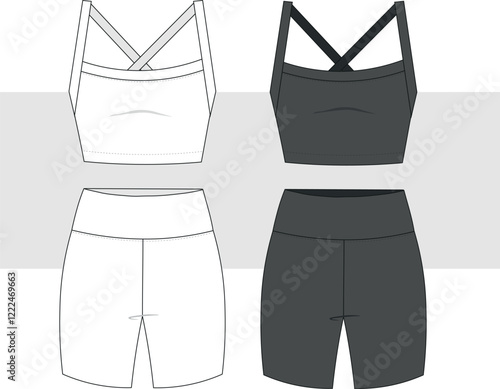 Women Running set with Sports bra top and tights short Leggings active wear design flat sketch fashion Illustration. Two piece yoga, gym, running and sports kit set fashion drawing.