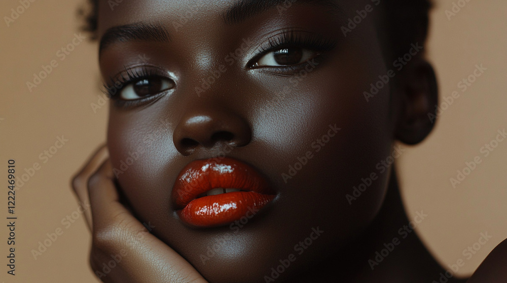 A detailed close-up of a model posing with a hand gently resting on their face, emphasizing expressive eyes and bold lipstick, against a neutral background. A detailed close-up of a model posing with a hand gently resting on their face, emphasizing expressive eyes and bold lipstick, against a neutral background.