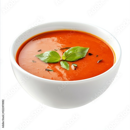 A bowl of creamy roasted red pepper and tomato soup, isolated white background, modern art style