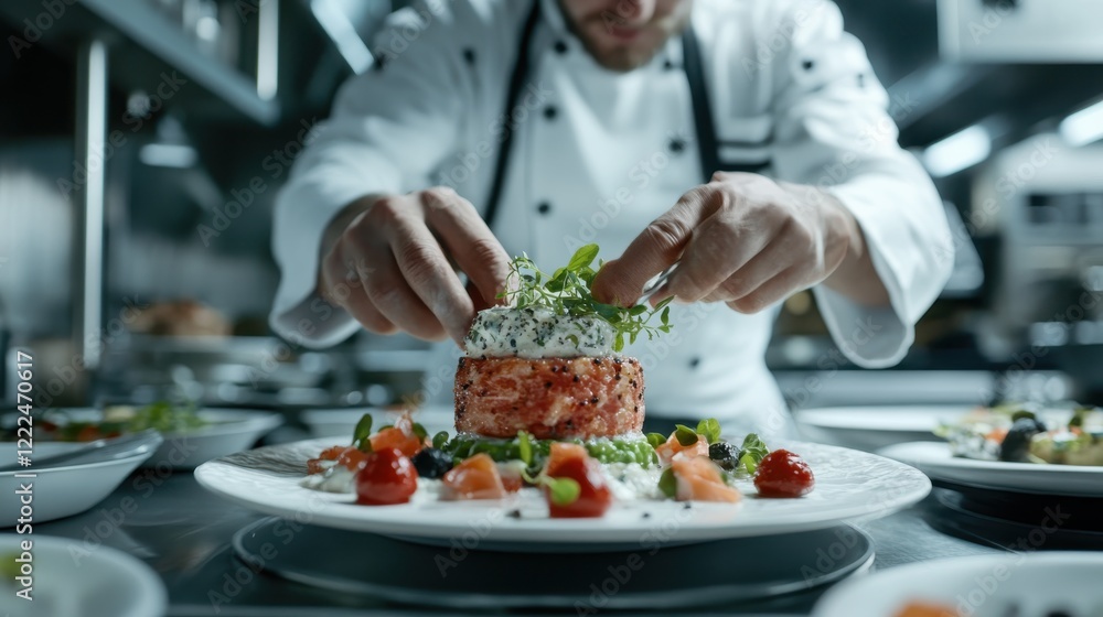 A professional chef plating a gourmet dish in a high-end restaurant kitchen. A professional chef plating a gourmet dish in a high-end restaurant kitchen.