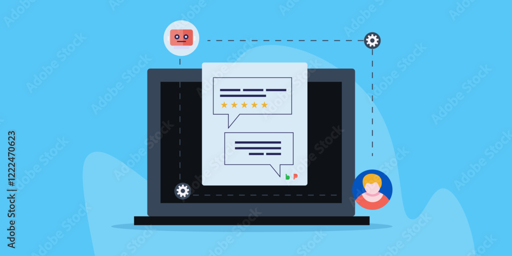 Conversation chat bubble with customer feedback and rating concept, AI chatbot customer support service e-business concept, vector illustration. Conversation chat bubble with customer feedback and rating concept, AI chatbot customer support service e-business concept, vector illustration.