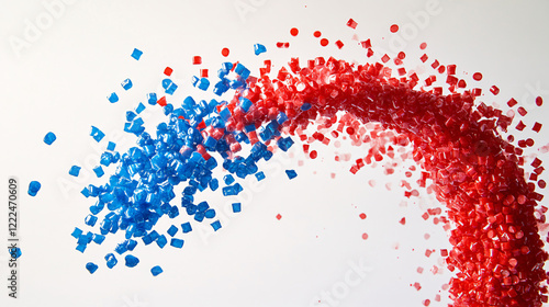 An abstract composition of red and blue granules colliding in mid-air against a white background creating a visual explosion of color

