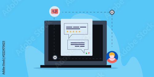Conversation chat bubble with customer feedback and rating concept, AI chatbot customer support service e-business concept, vector illustration.