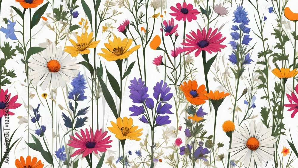 Multicolored wild flowers on a white background. Illustration. Floral background Multicolored wild flowers on a white background. Illustration. Floral background