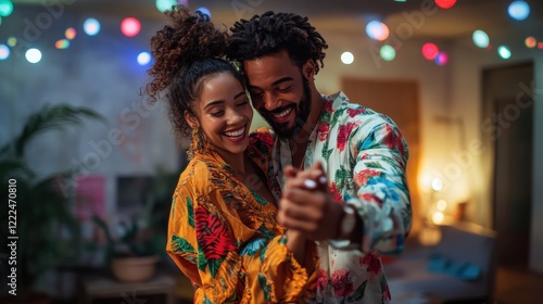 A cheerful couple dancing in their living room with fairy lights in the background.