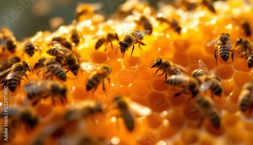 Golden Honeycomb and Busy Bees at work, close-up on honey production scene photo