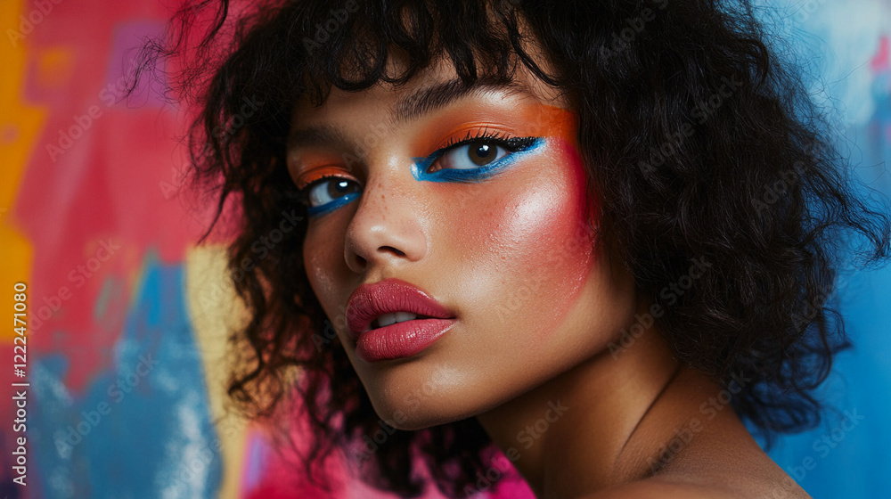 A close-up of a model showcasing bold, artistic makeup and textured skin details, with a colorful abstract background. A close-up of a model showcasing bold, artistic makeup and textured skin details, with a colorful abstract background.