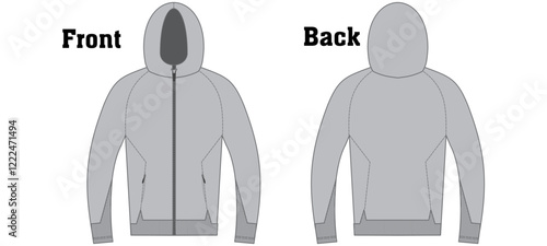 Hoodie with Front zipper technical fashion illustration. hoodie vector template illustration. front and back view. oversized. drop shoulder. unisex. gry color. CAD mockup set photo