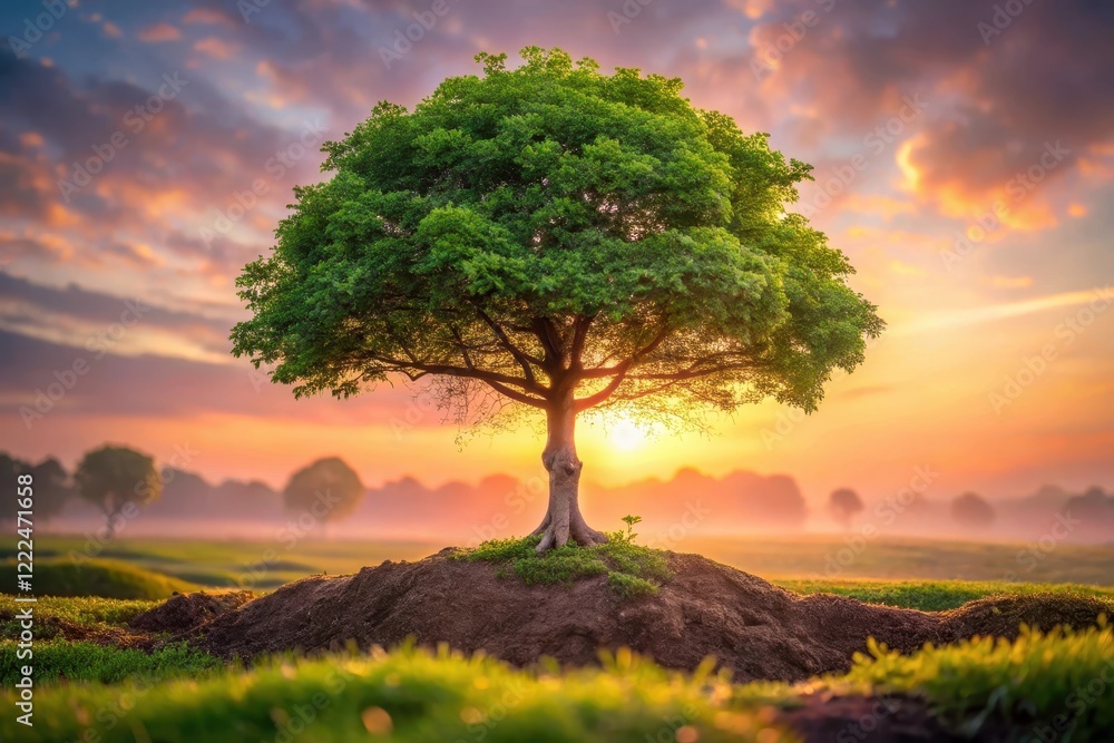 Fototapeta premium A solitary tree stands on a small hill, silhouetted against a vibrant sunrise, showcasing nature's peaceful beauty