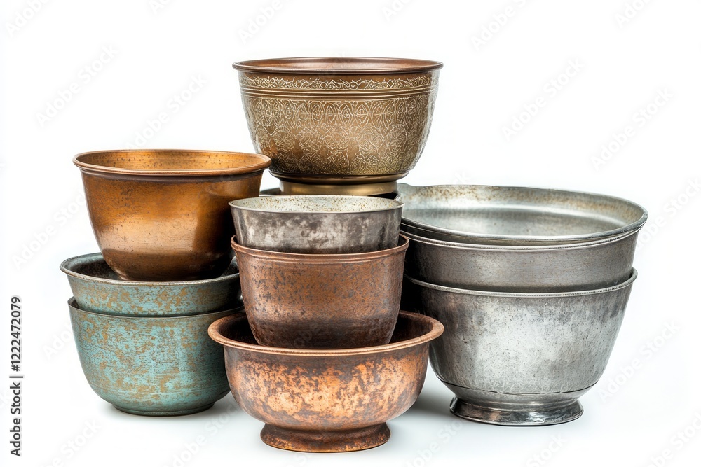 A Stack of Exquisitely Crafted Copper and Metal Bowls, Showcasing Intricate Designs and Vintage Charm A Stack of Exquisitely Crafted Copper and Metal Bowls, Showcasing Intricate Designs and Vintage Charm