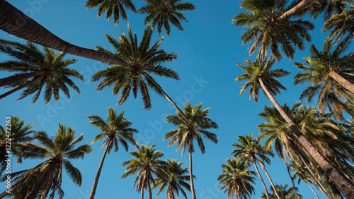 Wallpaper Mural A view from below on group of a tall palm trees against a clear blue sky. Peaceful serene tropical vacation background. Torontodigital.ca