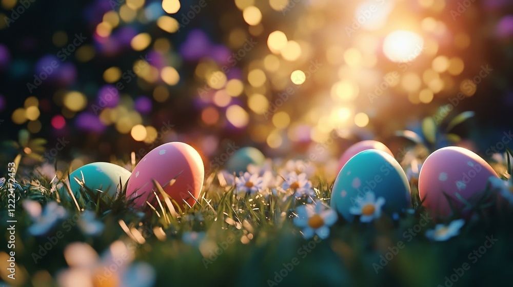 Colorful Easter eggs on fresh grass with bokeh lights creating a magical springtime ambiance Colorful Easter eggs on fresh grass with bokeh lights creating a magical springtime ambiance