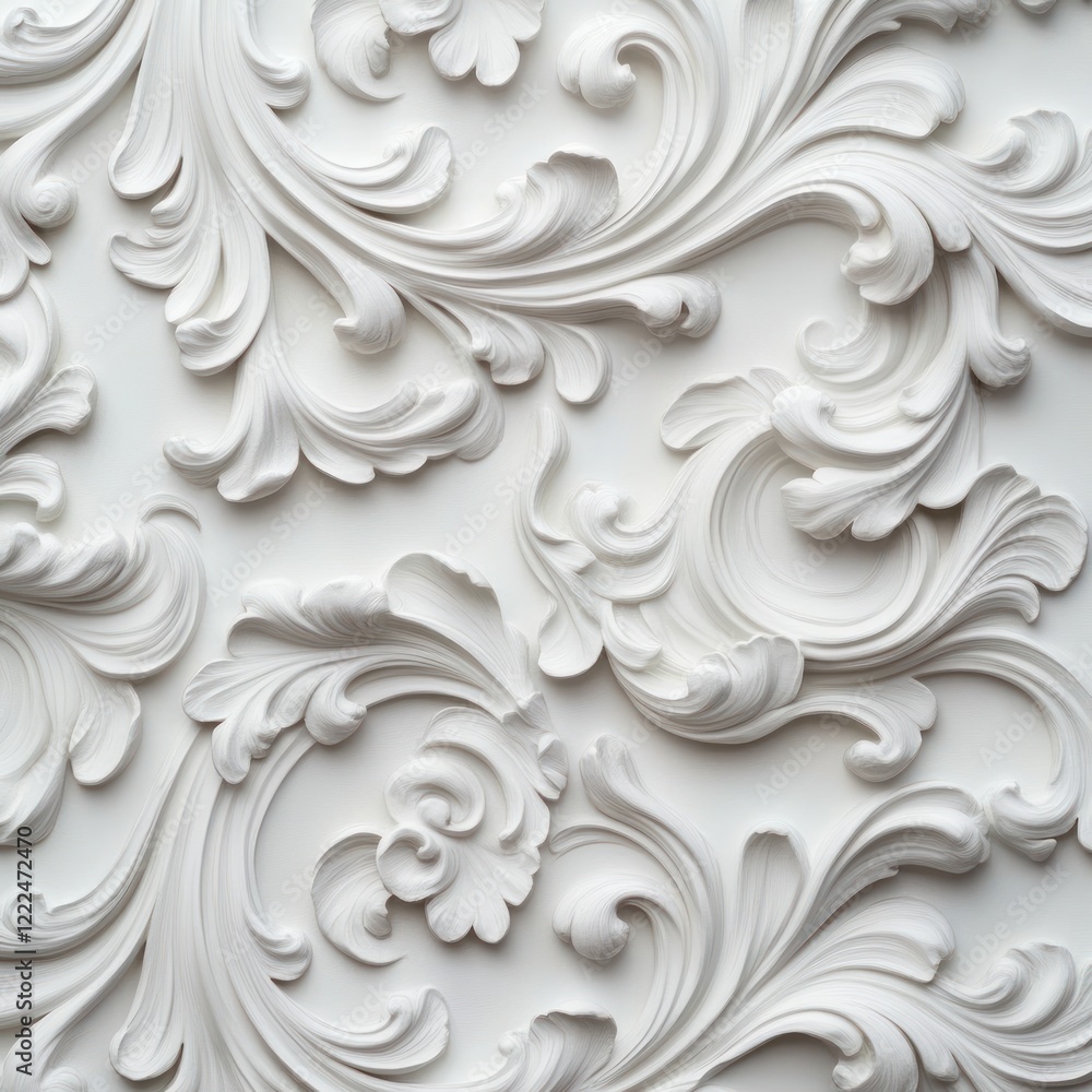 Elegant White Ornamental Relief Pattern with Intricate Flourishes Elegant White Ornamental Relief Pattern with Intricate Flourishes