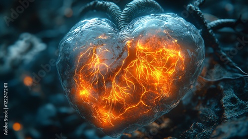 Glowing Heart with Fiery Veins in a Dark Mystical Environment