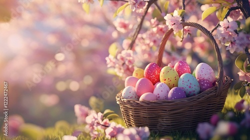 Colorful Easter eggs on fresh grass with bokeh lights creating a magical springtime ambiance photo