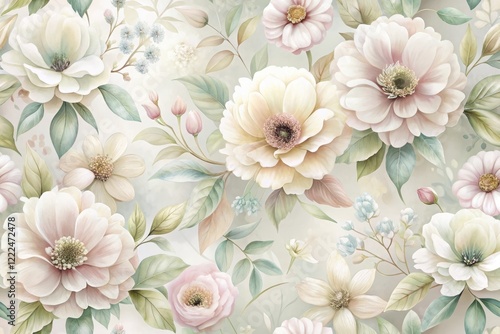 Elegant Pastel Floral Design Featuring Delicate Blooms and Lush Greenery, Ideal for Fabric, Wallpaper, or Home Decor