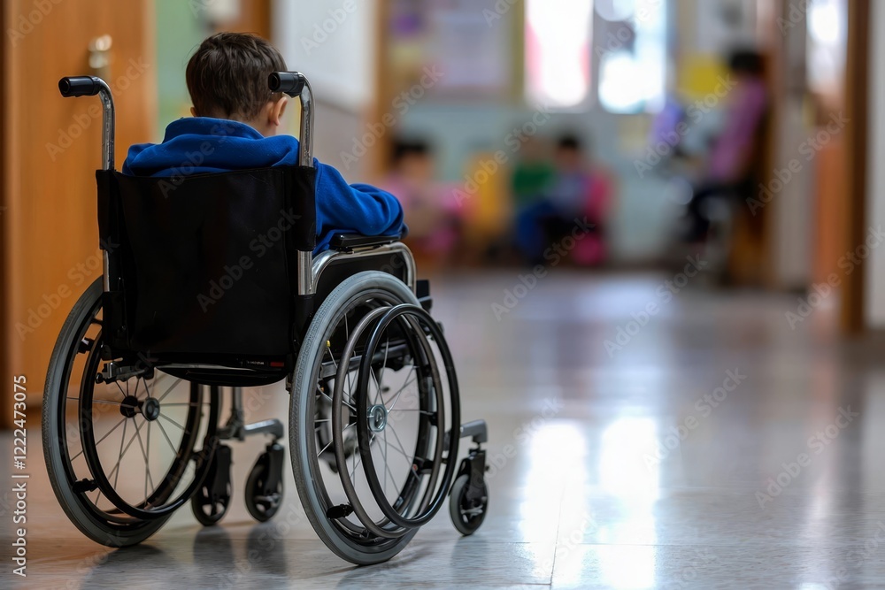 A child in a wheelchair attends a school designed for children with disabilities. A child in a wheelchair attends a school designed for children with disabilities.