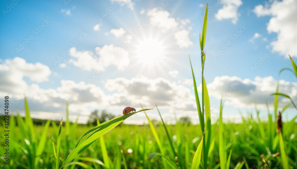 Obraz premium Ladybug resting on green blade of grass under bright sunlight