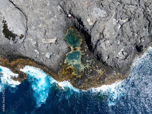 Aerial view of cuba natural pool in Ribeira Das Pratas in Santiago island in Cape Verde - Cabo Verde