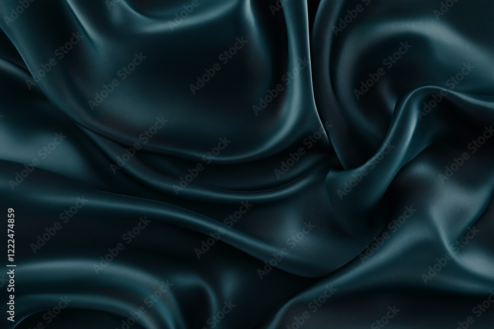 Obraz premium Dark teal green silk satin. Shiny smooth fabric. Soft folds. Luxury background with space for design. web banner. Flat lay, top view table
