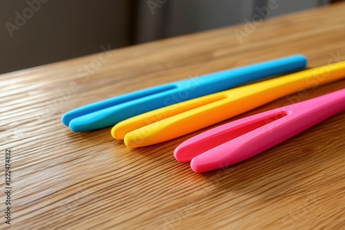 Colorful kitchen tongs placed on a wooden countertop photo