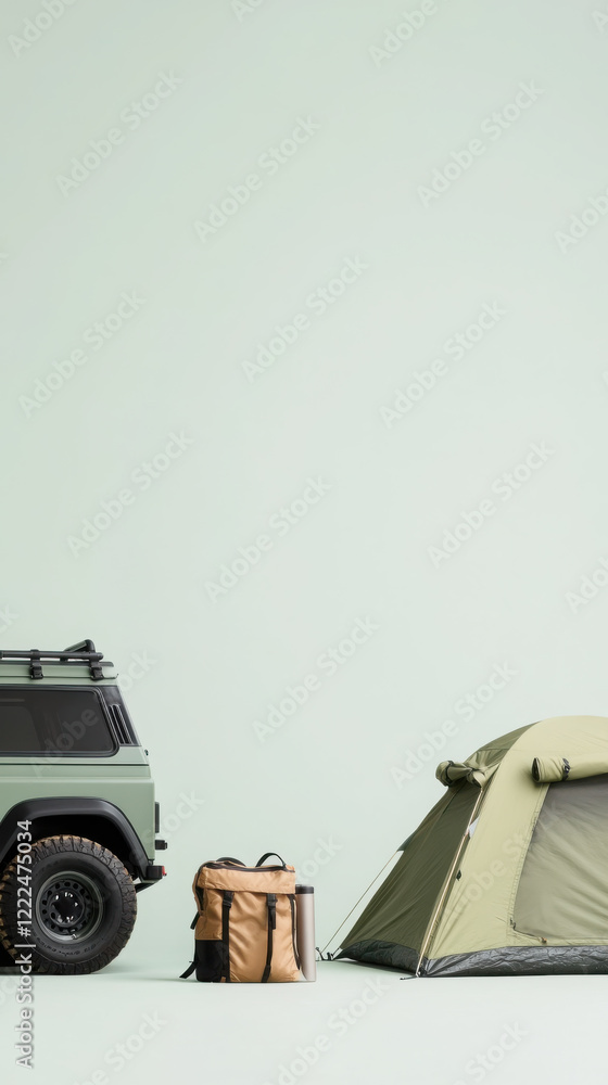 Obraz premium Minimalist camping scene with tent and off-road vehicle for outdoor adventure enthusiasts