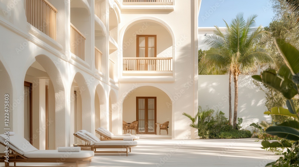 Obraz premium A serene courtyard featuring elegant architecture, lounge chairs, and lush greenery, perfect for relaxation and leisure in a tropical setting.