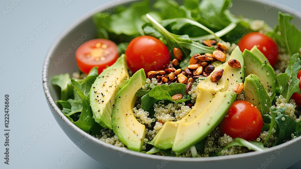 Wellness foods concept. A vibrant salad featuring fresh greens, cherry tomatoes, and creamy avocado slices. Wellness foods concept. A vibrant salad featuring fresh greens, cherry tomatoes, and creamy avocado slices.